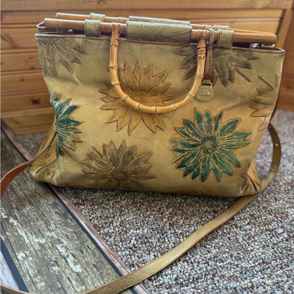 Brahmin Sunflower Tooled Embossed Leather Bamboo Handle Handbag. Retired